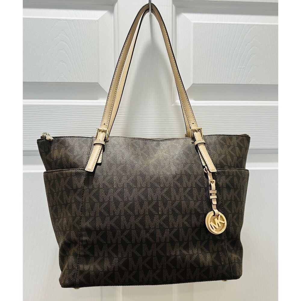 Michael Kors Jet Set Brown MK Logo Signature Tan Coated Canvas Trip Tote Bag